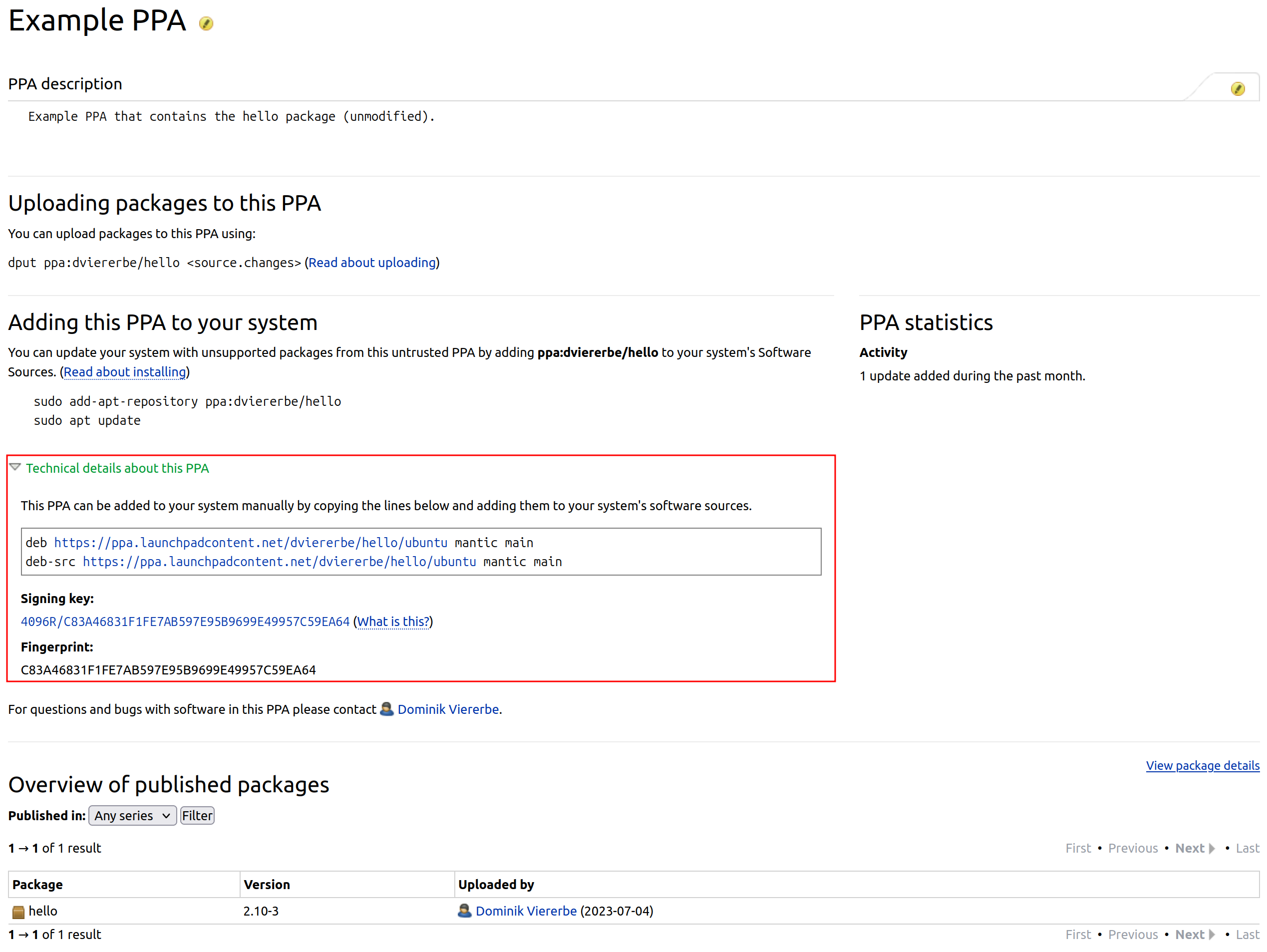 Web-interface of the dviererbe/hello PPA; highlighting the technical details section.