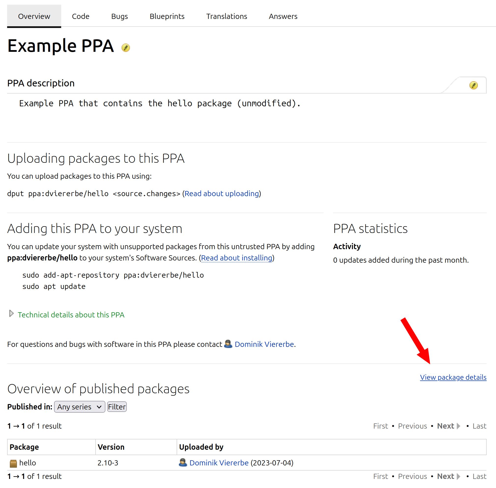 Web-interface of the dviererbe/hello PPA; highlighting the technical details section.
