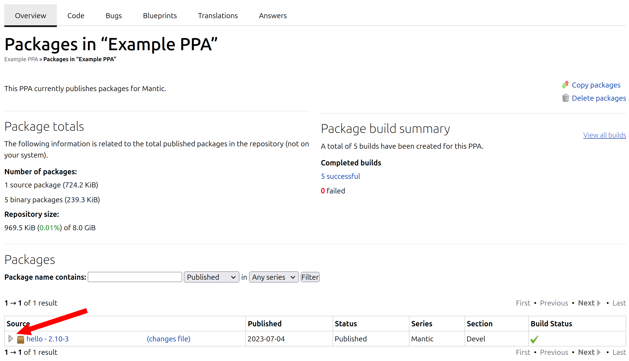 Web-interface of the dviererbe/hello PPA; highlighting the technical details section.