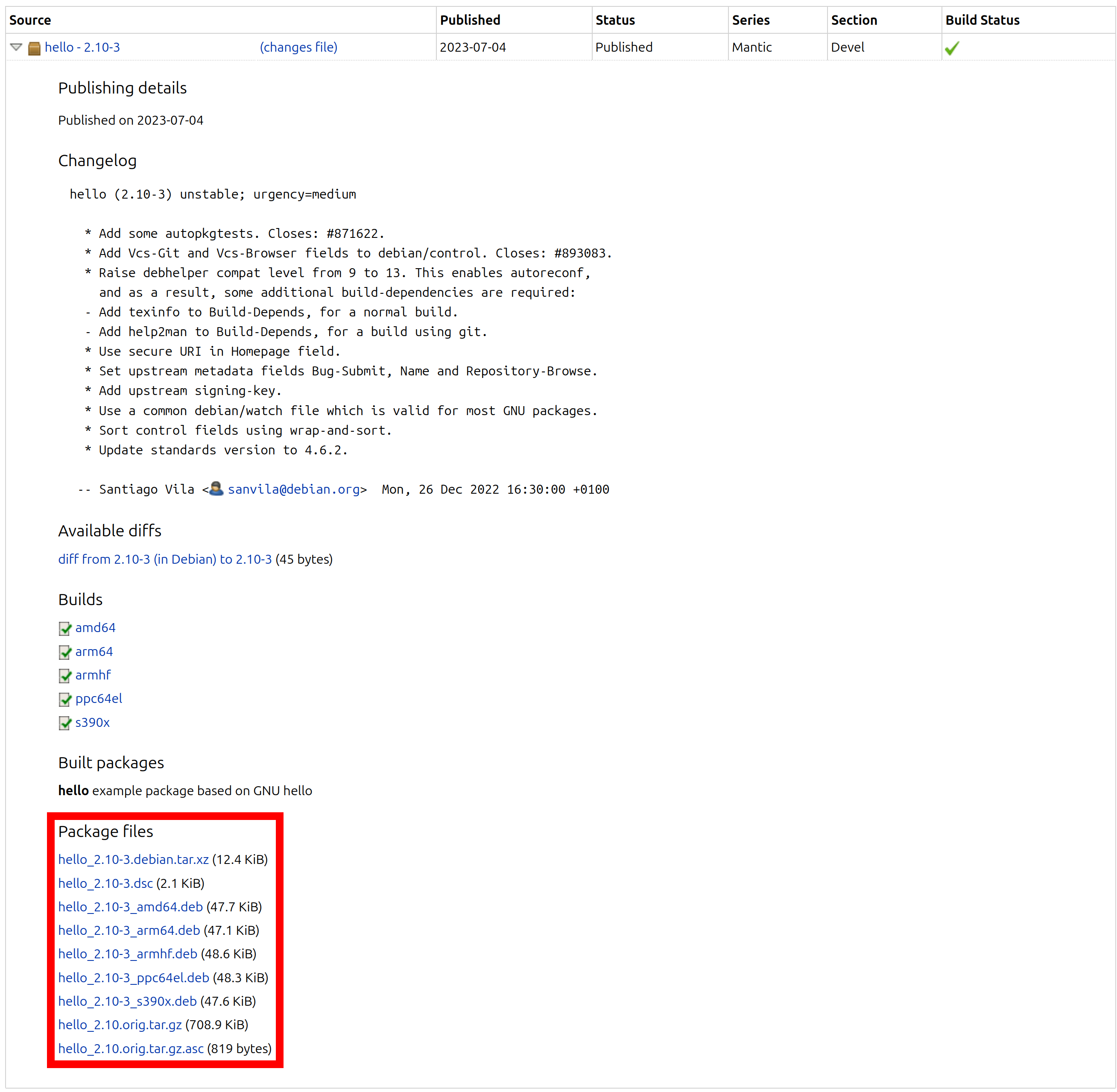 Web-interface of the dviererbe/hello PPA; highlighting the technical details section.