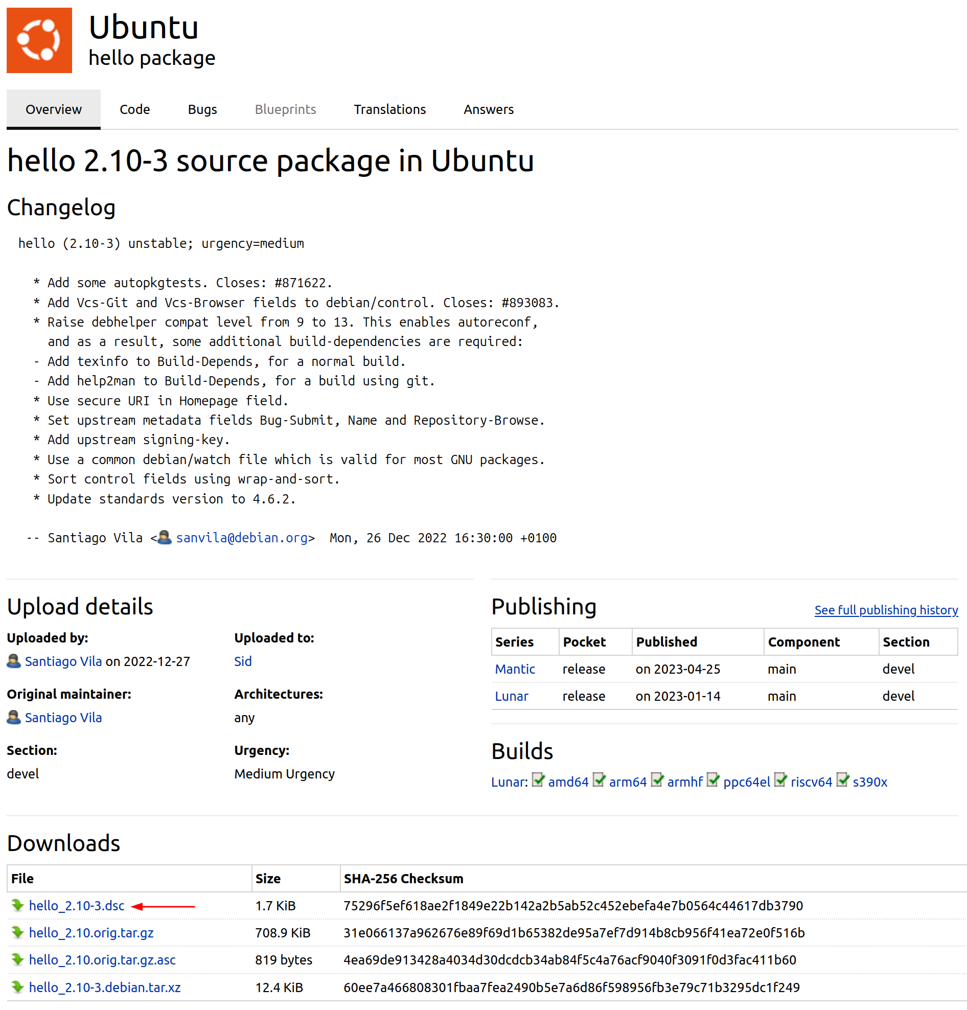 Launchpad overview page for the 2.10-3 release of the hello source package with an arrow pointing to the .dsc file link.