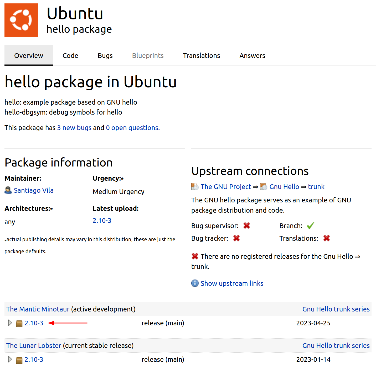 Launchpad overview page for the hello source package with an arrow pointing to the Mantic Minotaur 2.10-3 release.